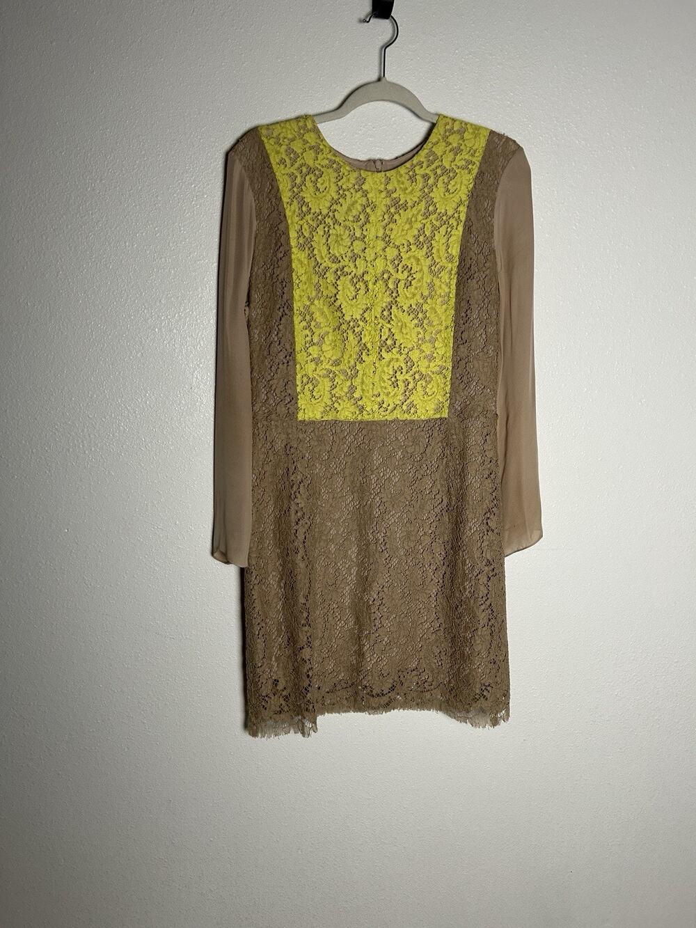 Jenni Kayne Lace Beige Yellow Seam Silk Lined Dress Size 10